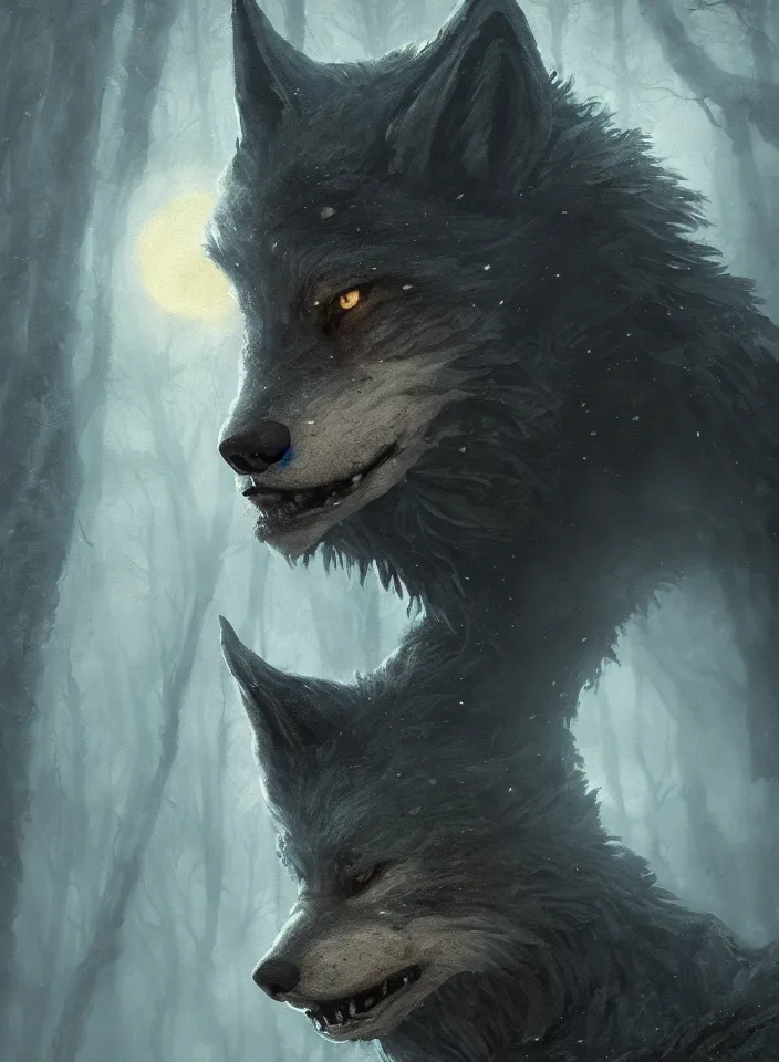 Image similar to a face portrait of a werewolf guarding the temperate forests from skyrim, fantasy setting, dark environment, serene colors, soft lighting, atmospheric, cinematic, moody, in the style of diego koi, gina heyer, luiz escanuela, art by alyssa monk, hyperrealism, rule of thirds, golden ratio, oil on canvas, 8 k