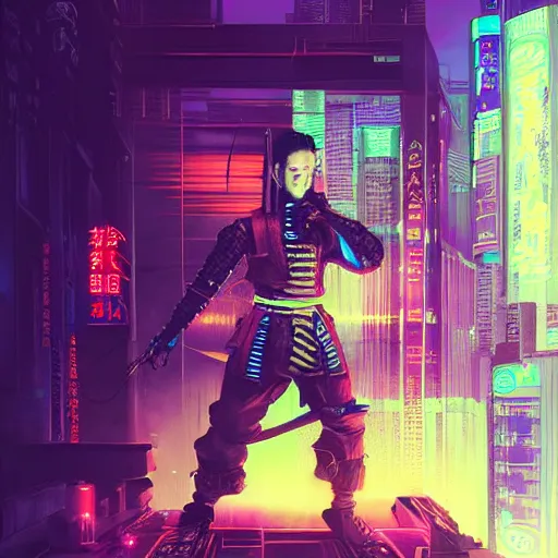 Image similar to cyberpunk samurai, with techware, subject centered in the frame, golden ratio, rule of thirds, volumetric lighting, prismatic neon accents, D&D, intricate, elegant, highly detailed, digital painting, japanese , altered carbon style, trending on artstation, unreal engine 5, octane render, redshift, concept art, art by Artgerm and Greg Rutkowski and Alphonse Mucha