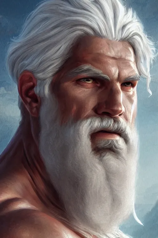 Prompt: painted portrait of rugged zeus, god of thunder, greek god, white hair, masculine, powerful, handsome, upper body, white robe, muscular, hairy torso, fantasy, intricate, elegant, highly detailed, digital painting, artstation, concept art, smooth, sharp focus, illustration, art by gaston bussiere and magali villeneuve