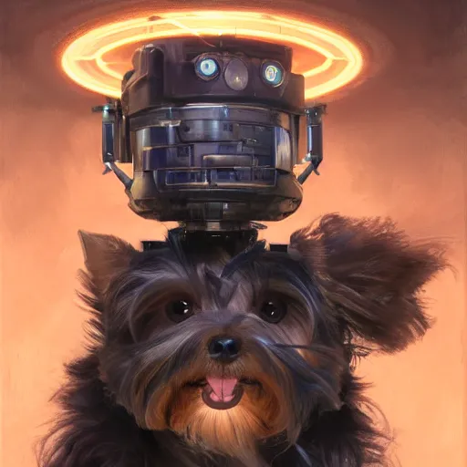 Image similar to tesla power armor realistic cyborg anthropomorphic teacup yorkshire terrier electric field glowing, cyberpunk, portrait art by donato giancola and greg rutkowski, realistic face, glowing in tesla electricity visible magnetic field, digital art, trending on artstation, symmetry