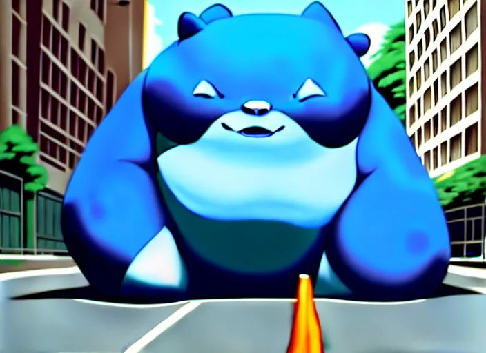 Image similar to snorlax blocks a city street. a giant blue bear creature blocks the way of a city street. photorealism, detailed painting, trending on artstation