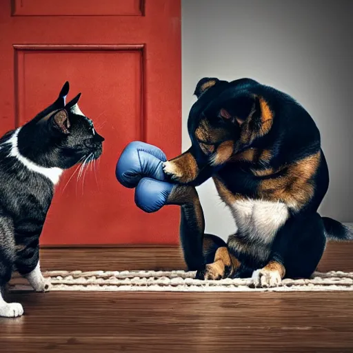 Image similar to a dog and cat boxing, hd, intricate detail, 4 k