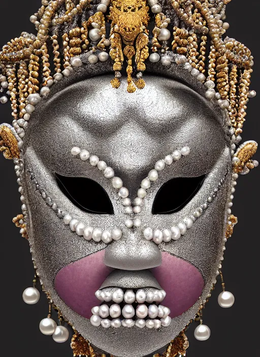 Image similar to hyperrealism, detailed textures, award winning autochrome photo, symetrical japanese pearl, beautiful dreaming voodoo pearl queen, autochrome pearl portrait, pearl silverplate, intricate, detailed facial pearl scary animal mask, pearl, golden jewelery, silverplate, ultra realistic, cinematic, intricate, cinematic light by steve mccurry, unreal engine 8 k