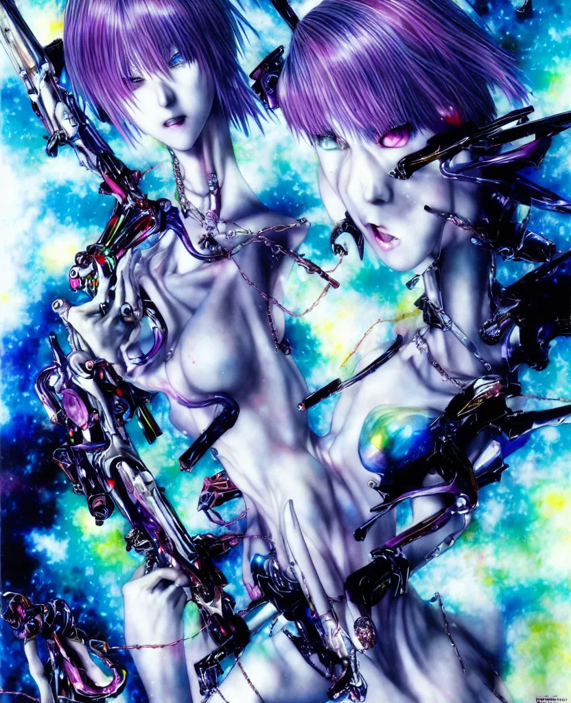 Image similar to realistic detailed image of ultra wrathful rainbow diamond nightmare mega rei ayanami, depth perception, depth of field, action horror, gothic, rich deep colors. by yoshitaka amano, by yukito kishiro, by yoshiyuki sadamoto, masterpiece