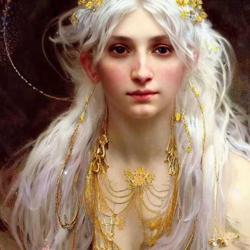 Image similar to a highly detailed beautiful white haired woman, adorned with precious stones and thin gold tendrils, by jeremy mann, by alphonse mucha, by william - adolphe bouguereau, 4 k resolution, trending on artstation, very very detailed, masterpiece, stunning, intricate,