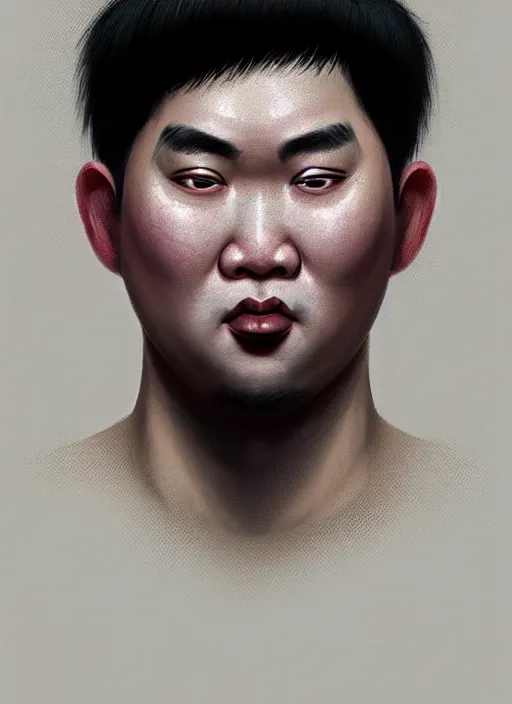 Image similar to portrait of a plump thai man with a crooked nose and a confident expression, 1 9 6 0 s, black clothes, goth, punk, brightly coloured hair, funk, intricate, elegant, highly detailed, digital painting, artstation, concept art, smooth, sharp focus, illustration, art by wlop, mars ravelo and greg rutkowski