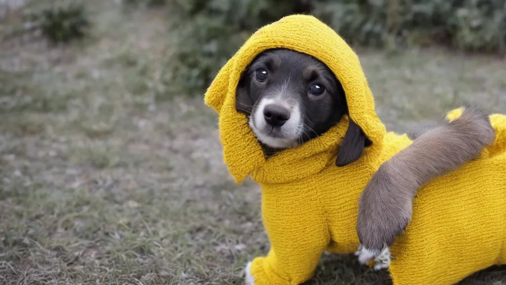 Prompt: a cute puppy cat wearing a yellow sweater