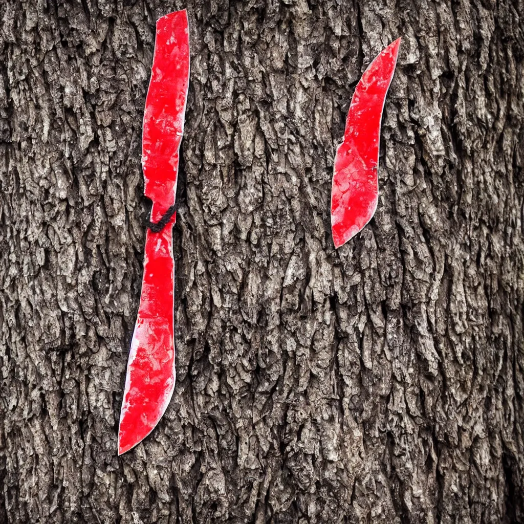 Prompt: a bloody knife stuck in a tree stump