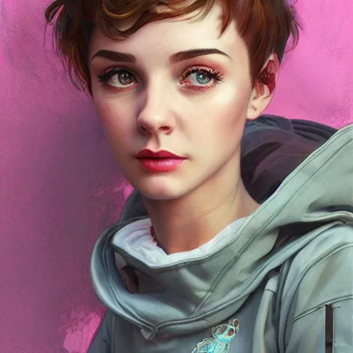 Image similar to character portrait of a 1950s girl in a hoodie with a pixie cut, dystopian cyberpunk steampunk soviet mood, intricate, wild, highly detailed, digital painting, artstation, upper body, concept art, smooth, sharp focus, illustration, art by artgerm and greg rutkowski and alphonse mucha