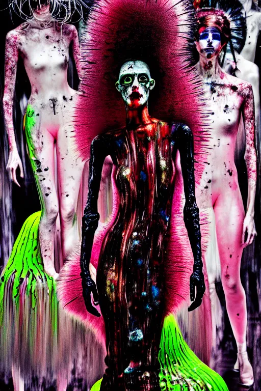 Image similar to crazy fashion catwalk, one model, crazy clothes, biopunk style, horror, clothes look like slime, hauntingly surreal, highly detailed painting by francis bacon, edward hopper, adrian ghenie, gerhard richter, and james jean soft light 4 k,