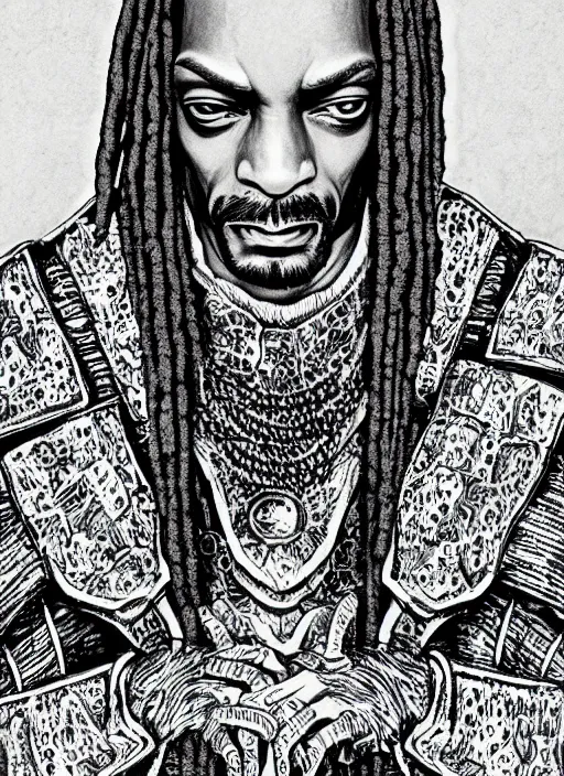 Image similar to Snoop Dogg as a knight, highly detailed, black and white, manga, art by Kentaro Miura