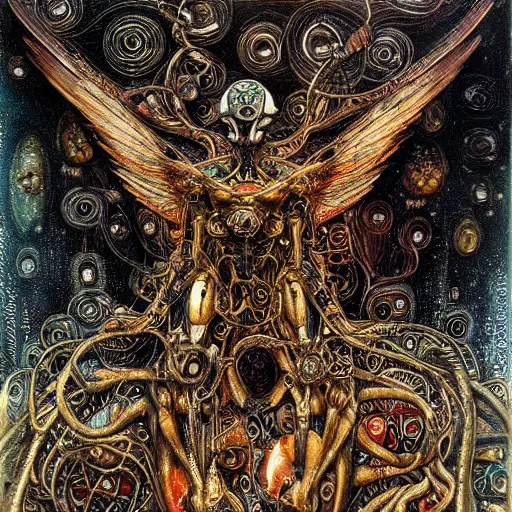 Image similar to winged cybernetic demon trapped in biomechanical circuitry, intricate detail, miro, royo, whealan, klimt,