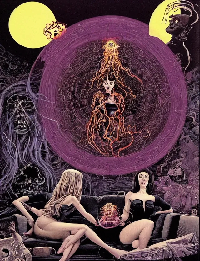 Image similar to Man and woman start to bounce in a living room of a house, floating dark energy surrounds the middle of the room. There is one living room plant to the side of the room, and another woman with siren body sitting on the sofa, surrounded by a background of dark cyber mystic alchemical transmutation heavenless realm, cover artwork by philippe caza and Jenny seville, midnight hour, part by francis bacon + adrian ghenie, part by jeffrey smith, part by josan gonzales, part by norman rockwell, part by phil hale, part by kim dorland, rich deep color scheme, artstation, matte gouache illustration, highly detailed,