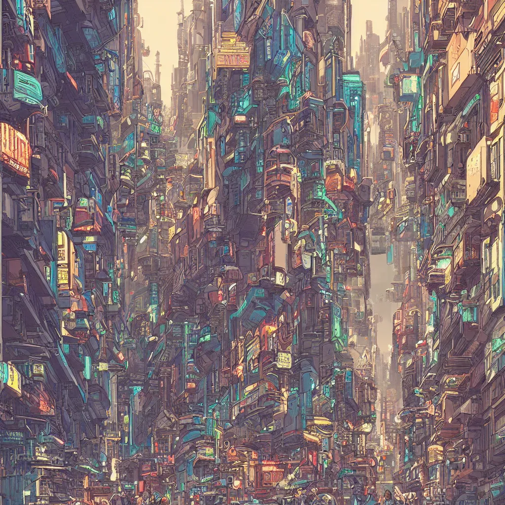 Prompt: a cyberpunk city street with robots and humans walking around, digital painting by moebius