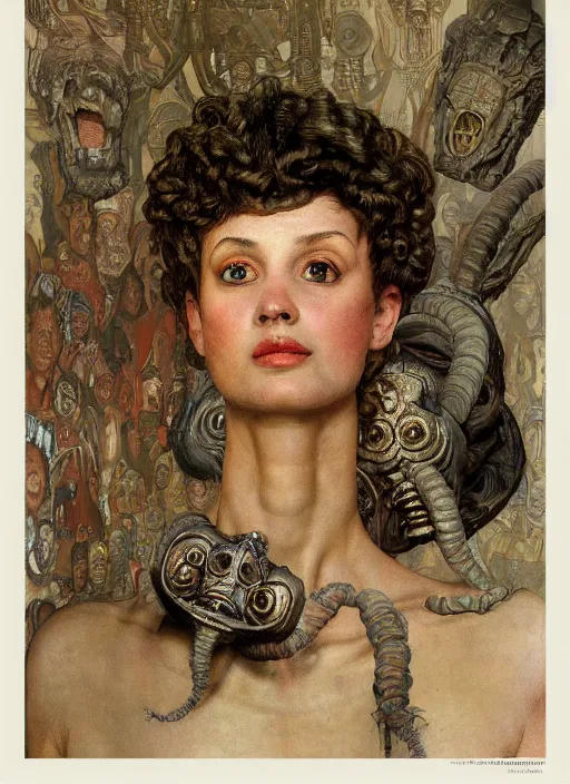 Image similar to upper body and head portrait of a gorgon in victorian living room, by lawrence alma-tadema and zdzislaw beksinski and norman rockwell and jack kirby and tom lovell and greg staples, artstation creature art