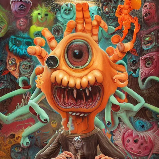 Image similar to Lofi horror, a baby monster with six arms, six arms, monster,chalk, Pixar style, Tristan Eaton, Stanley Artgerm, Tom Bagshaw, Basil Gogos