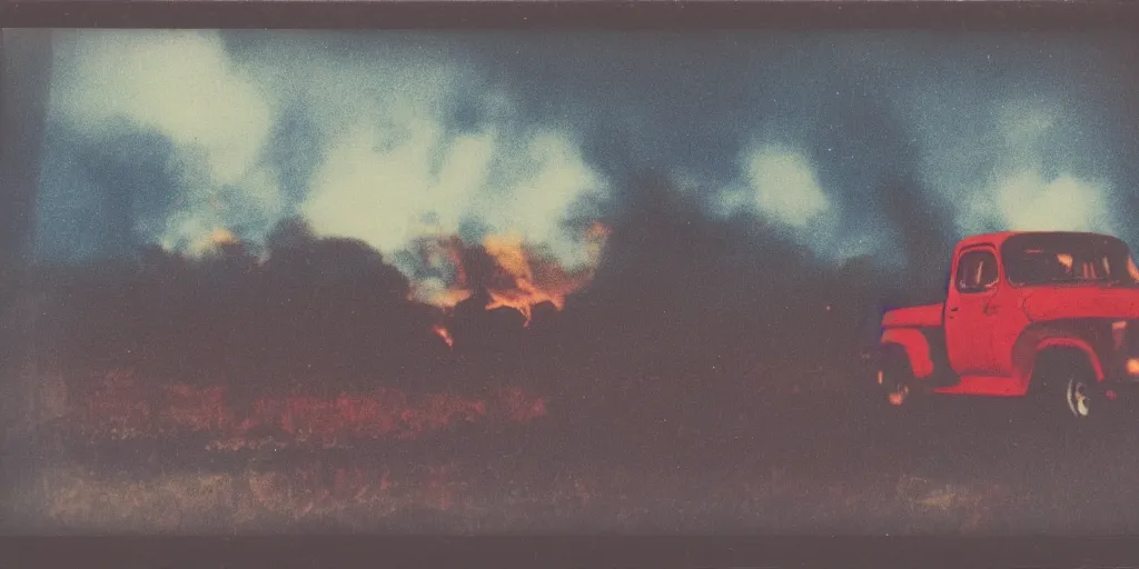 Prompt: polaroid photo of a red truck on fire, big smoke clouds, at night, stars visible in the sky, slight color bleed