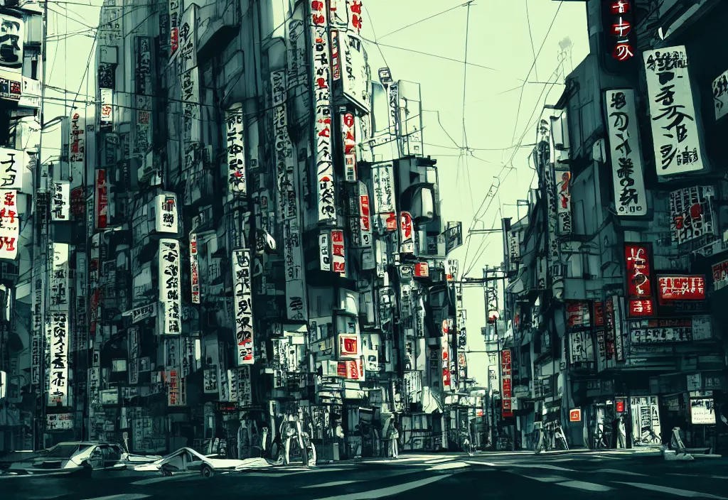 Image similar to tokyo city streets by cyberpunk style max payne standing in blood trending on artstation cinematic realistic buildings windows cars realistic peoples golden ratio awesome composition color balance harmony physical correct light shadows