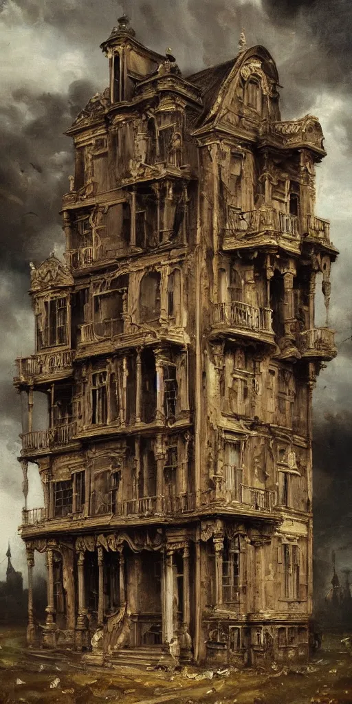 Image similar to detailed baroque oil painting of a singular dilapidated victorian house made of pipe organ parts, style of goya and fritz lang and alan lee, trending on artstation