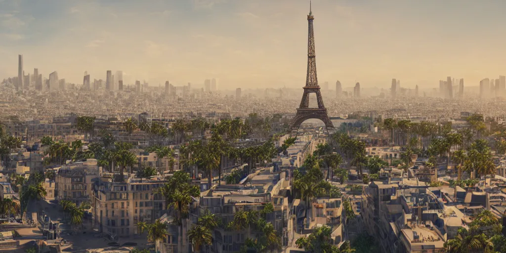 Prompt: the beautiful bustling city of paris rebuilt as a coastal city in california, beautiful weather, palm trees, splendid haussmann architecture, eiffel tower in the middle, digital painting, highly detailed, intricate, concept art, matte painting, trending on artstation, octane render, 8 k, unreal engine