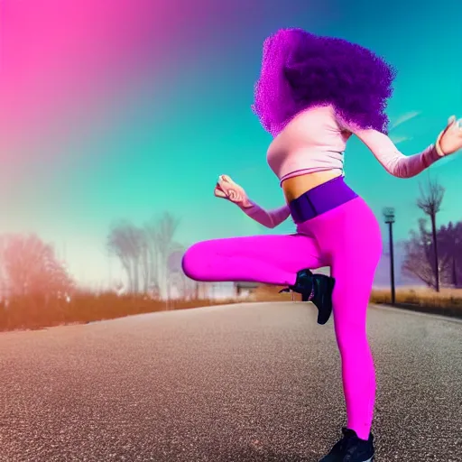 Image similar to a award winning full body shot of a beautiful woman in a croptop and gloves and leggings with a ombre purple pink teal hairstyle with head in motion and hair flying, outrun, vaporware, vivid colors, highly detailed, fine detail, intricate