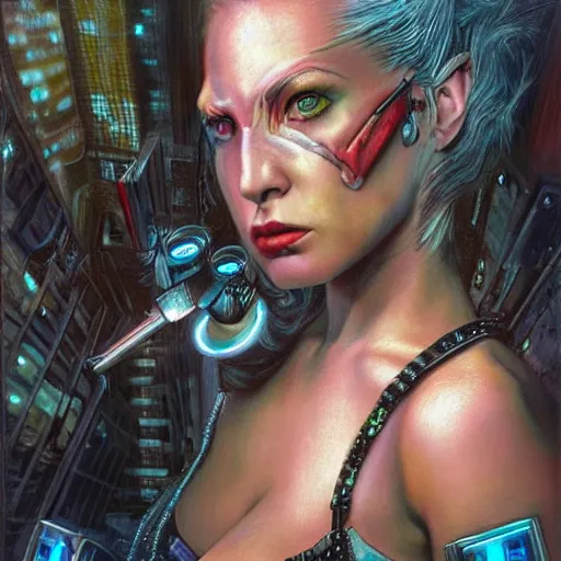 Image similar to a hyperrealistic portrait painting of a beautiful female cyberpunk warrior, by alan moore, highly detailed,