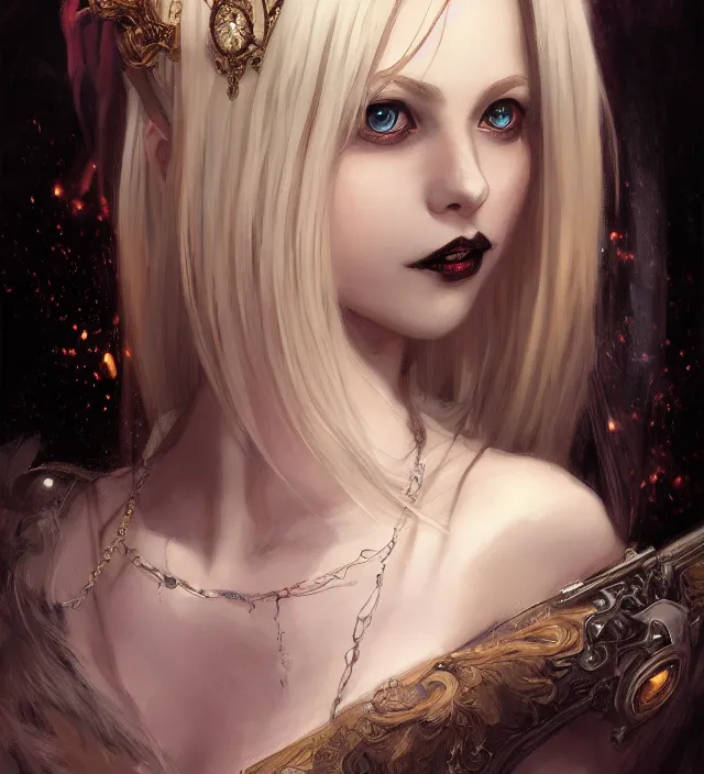 Image similar to portrait of of young beautiful female princess, d & d, centered face, gothic dress, elegant, shiny lips, flat lighting, intricate, highly detailed, digital painting, artstation, concept art, smooth, sharp focus, illustration, closeup, misa amane, art by simon bisley and greg rutkowski and alphonse mucha, natural tpose