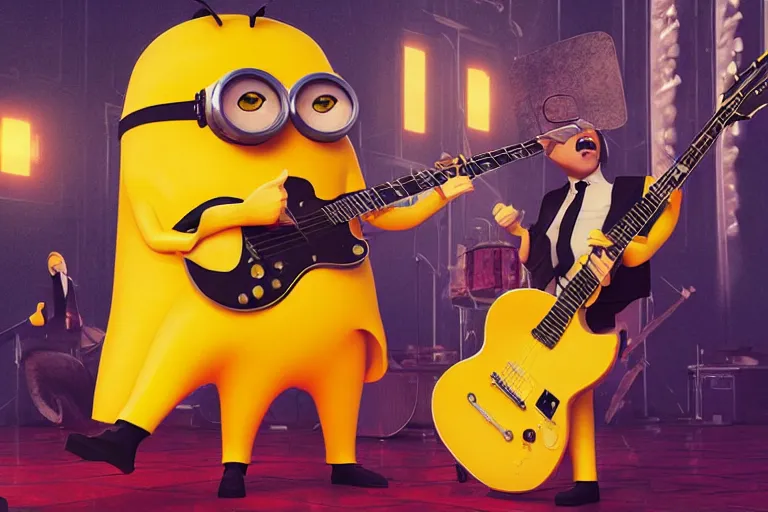 Image similar to the beatles performing with guitars, a giant yellow minion at background, sci fi, art by mike winkelmann, trending on cgsociety, retrofuturism, darksynth, sci - fi