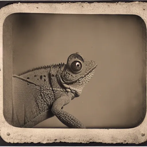 Prompt: wet plate photograph of a chameleon, daugerrotype, collodion photography