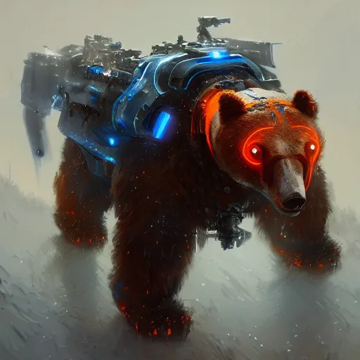 Prompt: intricated illustration of a cyborg bear with orange and dark blue body armor, realistic, ultradetailed, concept art, art by greg rutkowski and thomas kinkade, trending on artstation, devianart, cgsociety