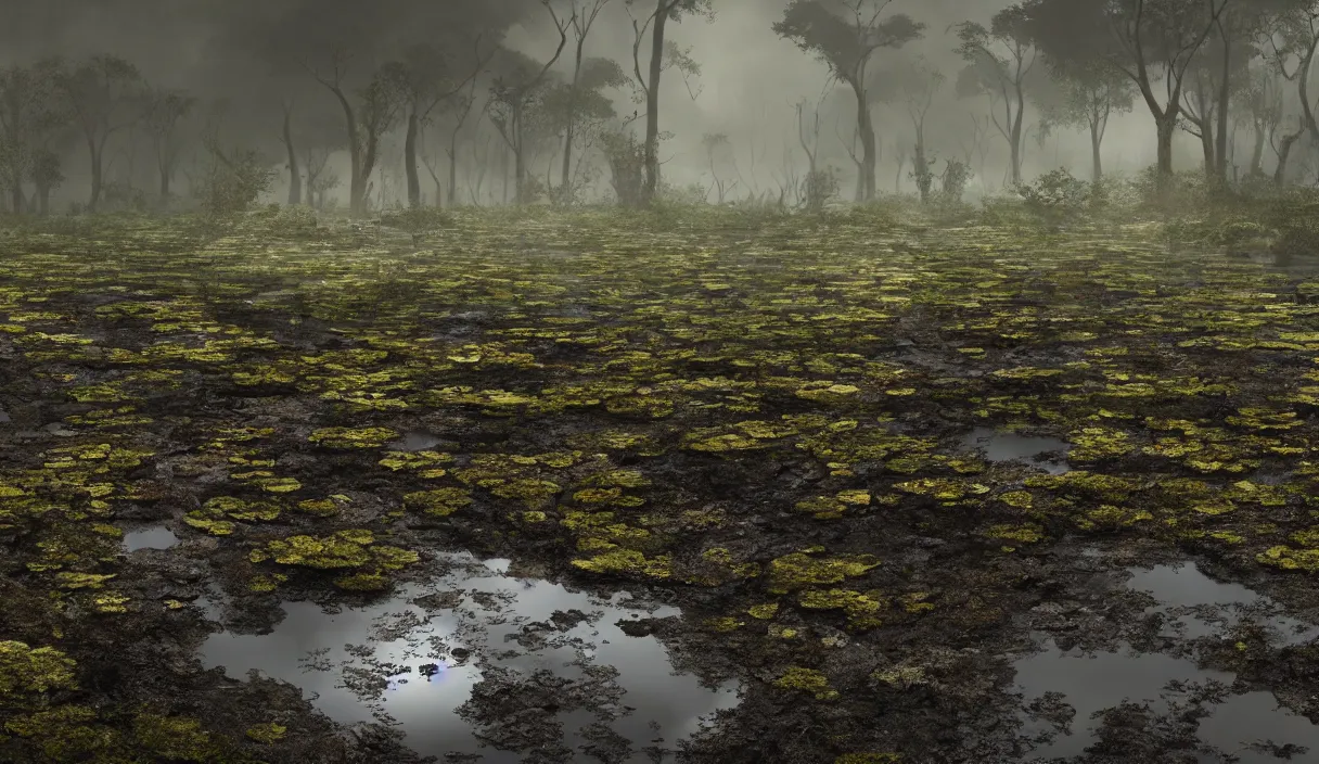 Prompt: realistic bubbling peat bog from which grow lush carnivorous plants, murky water, reflections, contrasting light, attention to detail, dark and dramatic atmosphere, volumetric fog, raytracing, back light, raymarching, by ilm, by digital domain, by weta digital