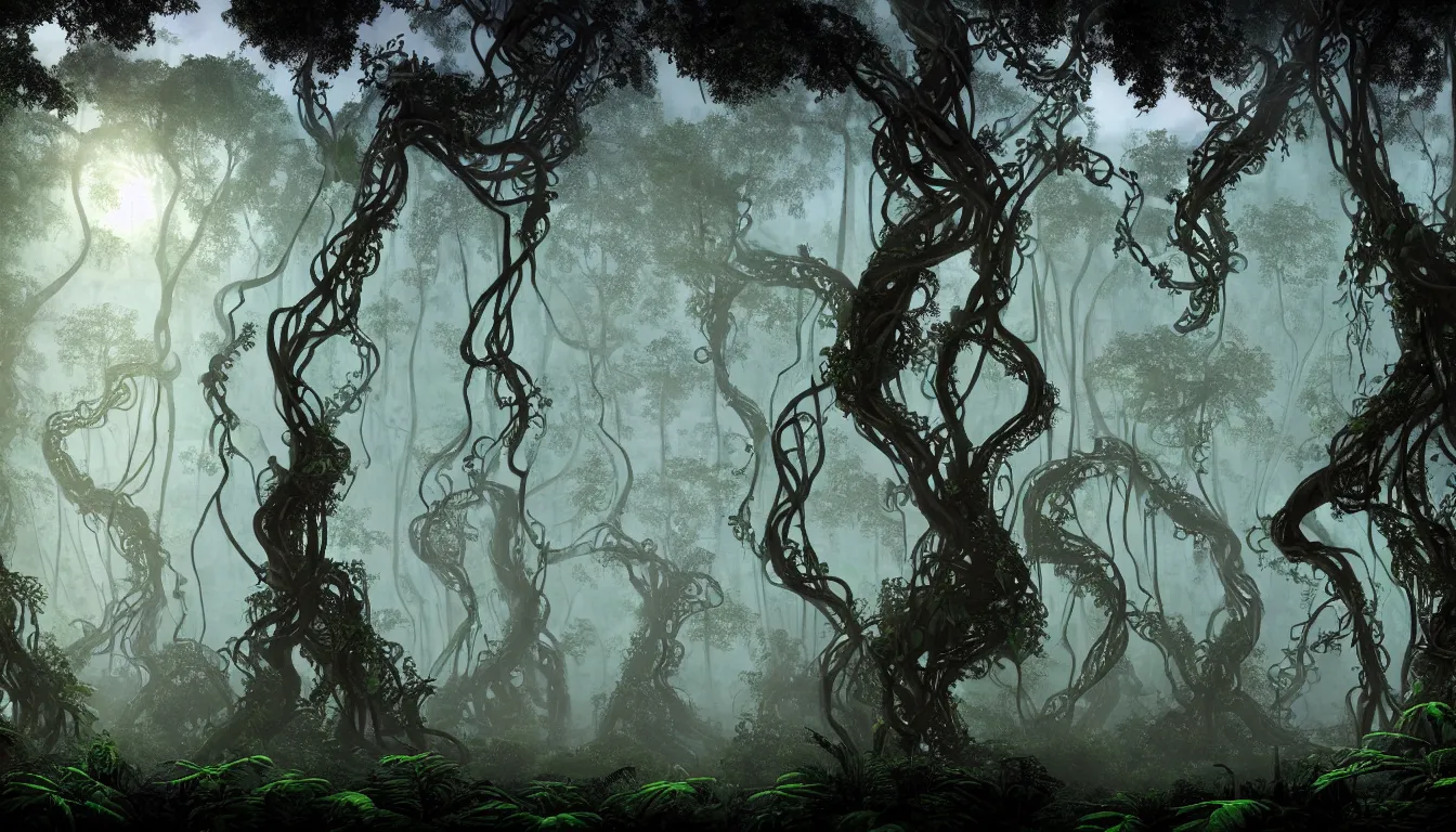 Image similar to eerie and dark deep mayan jungle forest realm biodiversity , side-scrolling 2d platformer game level, swirling clouds of magical fog through the trees, web of vines, ancient temple gigantic statue guardians in ruins in the background between the tree trunks, dramatic dusk sun illuminates areas, volumetric light , detailed entangled roots carpet the forest floor, rich color, upscale , 8k