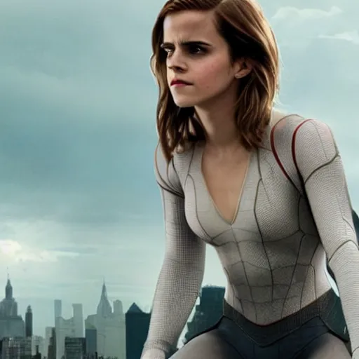 Image similar to emma watson as spiderman, full body shot, highly - detailed, sharp focus, award - winning