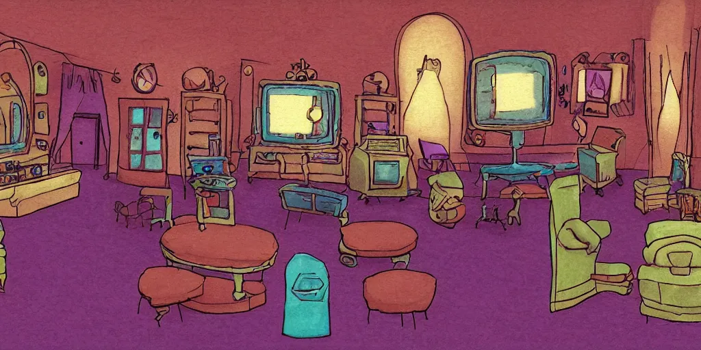 Image similar to a dimly lit, theater dressing room, with a mirror, a chair, a couch, day of the tentacle style, drawn by Peter Chan