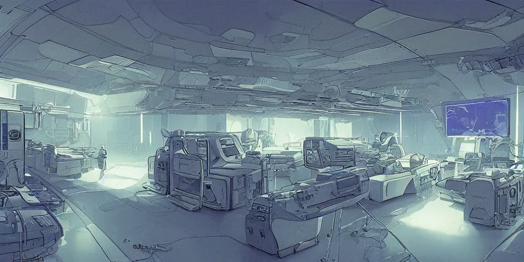 Image similar to spaceship medic room , mysterious laboratory, thick blue mist, low ceiling, cables hanging from ceiling, thick cables on ground, god rays of light, huge computer screens, neons, saturated top light , epic scene, scifi, illustration, art by Juan Giménez and moebius