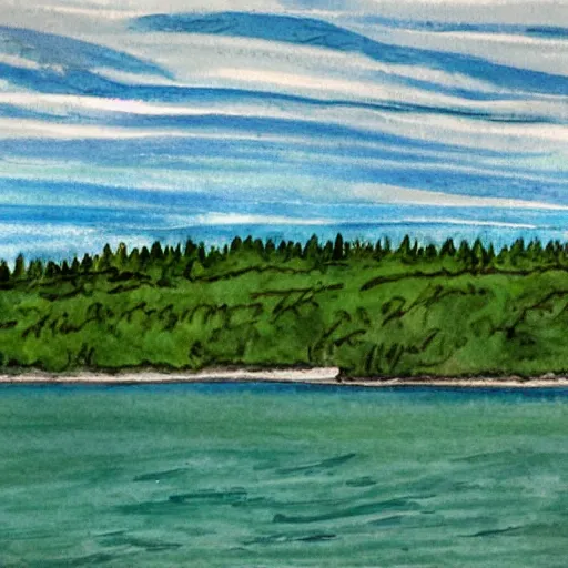 Prompt: shore of the Bruce Peninsula on an overcast day, looking out on the lake from the shore, beautiful illustration