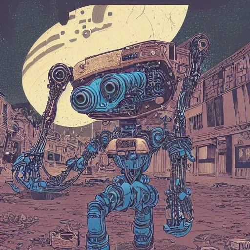 Image similar to illustration of a death robot playing guitar in a ruined street by kilian eng, katsuhiro otomo and jean giraud moebius, biomechanical