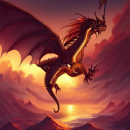 Prompt: golden queen dragon from Dragonriders of Pern, flying through sunset, art, fantasy, intricate, elegant, highly detailed, digital painting, trending on artstation, concept art, smooth, sharp focus, hyperrealistic, illustration, art by Loish and WLOP