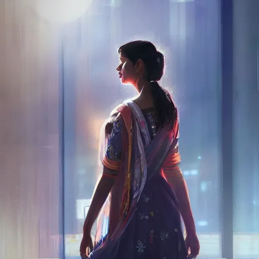 Image similar to Anxious beautiful young female Indian Doctor at Heathrow terminal, by Cedric Peyravernay, highly detailed, excellent composition, cinematic concept art, dramatic lighting, trending on ArtStation