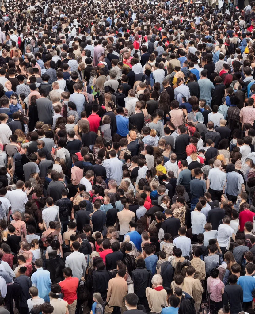 Prompt: many people gathered and crowded in a small constricted place