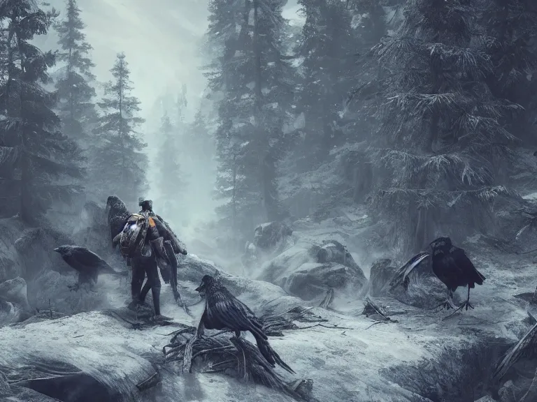 Image similar to Heroic Woodsmen treading forest with their Companion Raven, RPG Landscape, Oil Painting, Trending on Artstation, octane render, Insanely Detailed, 8k, HD