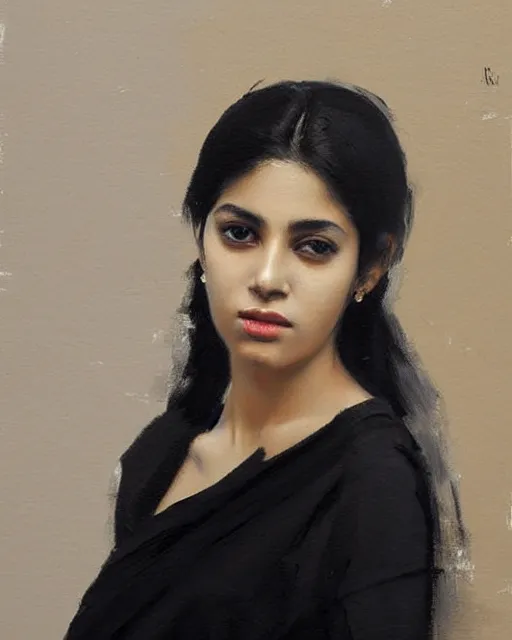 Image similar to beautiful portrait painting an gorgeous delhi girl wearing a little black dress, oil painting, art by ruan jia