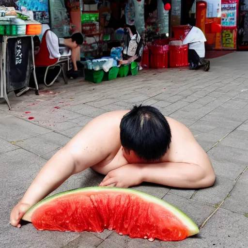 Prompt: a chinese fat guy lay on the ground with blood in a melon stall