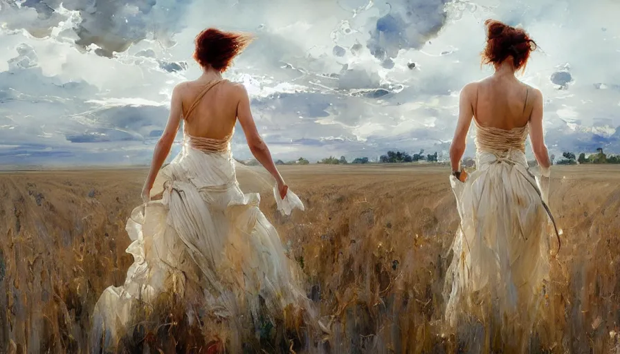 Prompt: paint brush strokes, abstract watercolor painting beautiful woman from the back, wearing a long flowing lace wedding dress in a wheat field at night, ambient lighting, art by hans dahl, by jesper ejsing, art by anders zorn, wonderful masterpiece by greg rutkowski, cinematic light, american romanticism by greg manchess, impressionism by tyler edlin