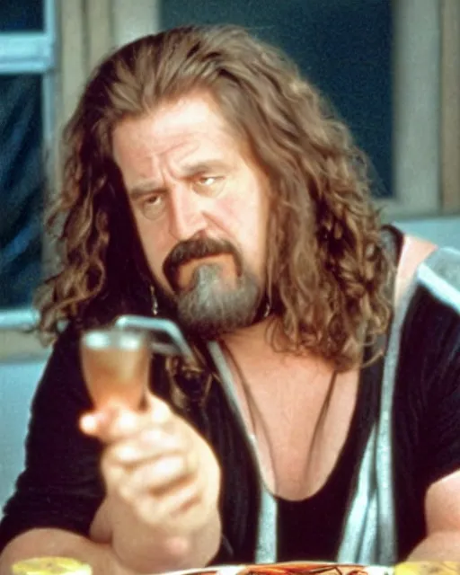 Prompt: The daughter of the Dude. The Big Lebowski as a woman. Slightly chubby woman, unkempt but pretty, long brown hair and green eyes.