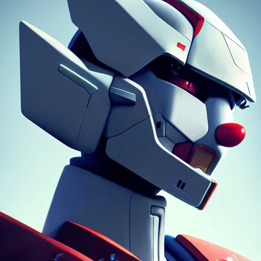 Prompt: gundam head, v - fin, octane render, soft light, mekka, behance, vector, highly detailed illustration, realistic, clown, artstation. com, by greg rutkowski,