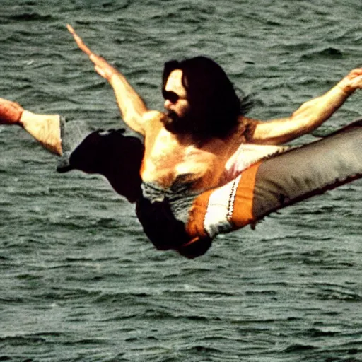 Image similar to charles manson riding a flying fish