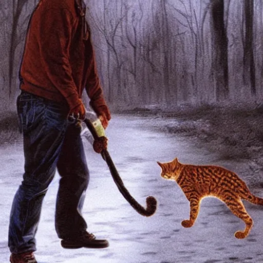 Image similar to Jason Voorhees walking a cat photo realistic