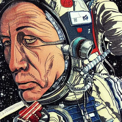 Prompt: portrait of berlusconi naraka astronaut painted in miyazaki color style drawn by katsuhiro otomo and takato yamamoto, high detail, intricate linework, sharp, monster face, perspective, manga and anime