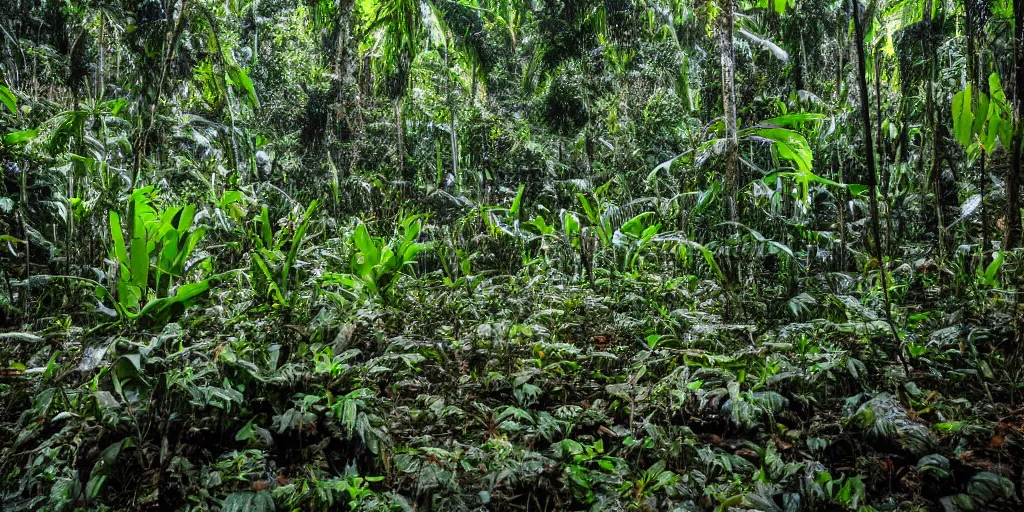 Prompt: photo of a chrome blob deep in the amazon jungle, wide shot